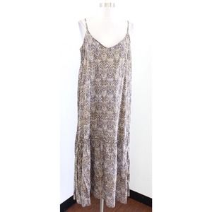 NWT Jude Connally Arora Brown Gold White Herringbone Flounce Midi Maxi Dress L